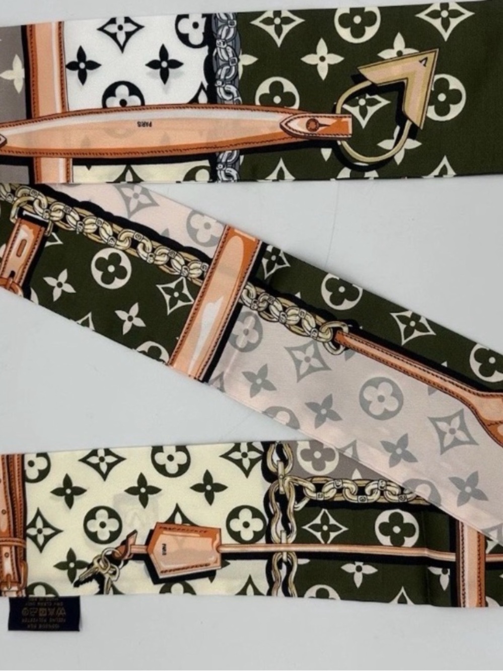 Designer-Style Olive Green & Cream Scarf Bag Accessory - Picture 4 of 4